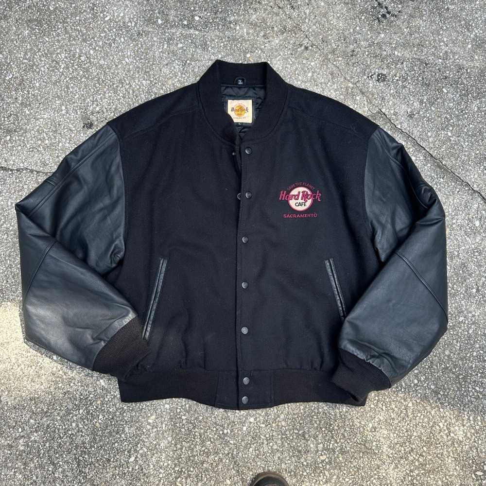 Vintage Hard Rock Cafe Sacramento Leather Wool Varsity Bomber Jacket Mens Large
